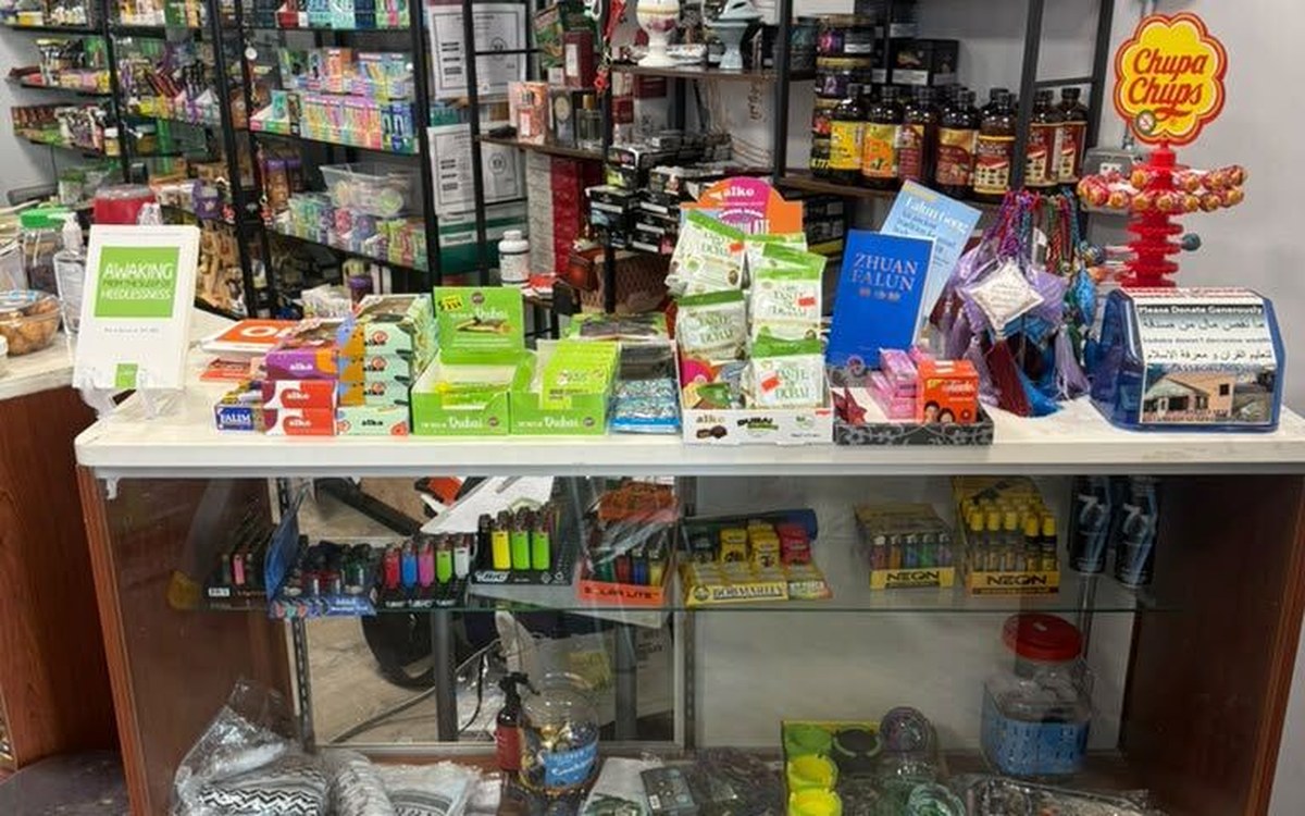 Market counter with packaged sweets and imported products