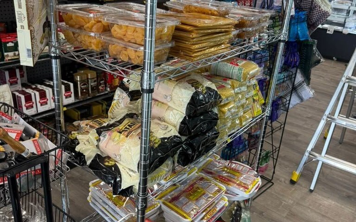 Market interior with packaged foods on display
