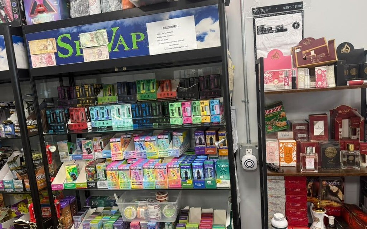 Glass display case and smoke shop products inside the market