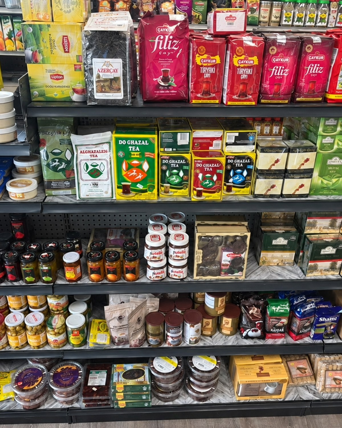 Tea and sweets displayed inside Turkish Market
